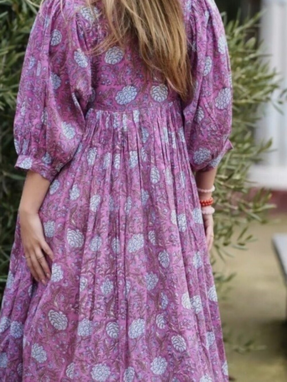 Women's Purple Floral Midi Dress - Boho Pleated Style - Picture 2 of 8